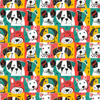 Illustrated pattern of colorful, cartoon dog faces in red, green, yellow, and white. The design repeats in a grid layout.
