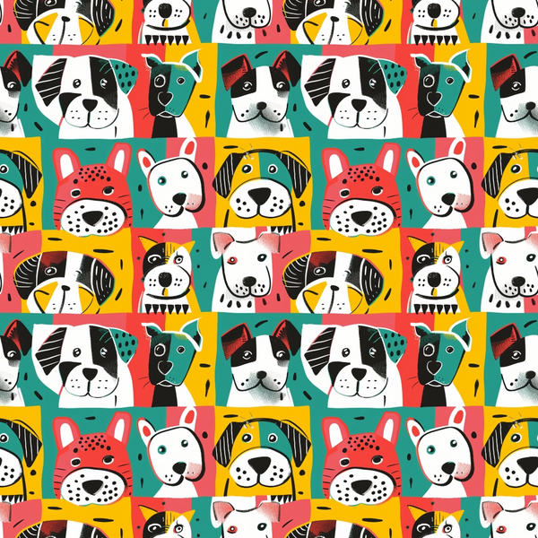 Illustrated pattern of colorful, cartoon dog faces in red, green, yellow, and white. The design repeats in a grid layout.
