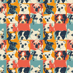 Pop art collage of various dog portraits in colorful squares, featuring different breeds and expressions, on a repeating pattern background.