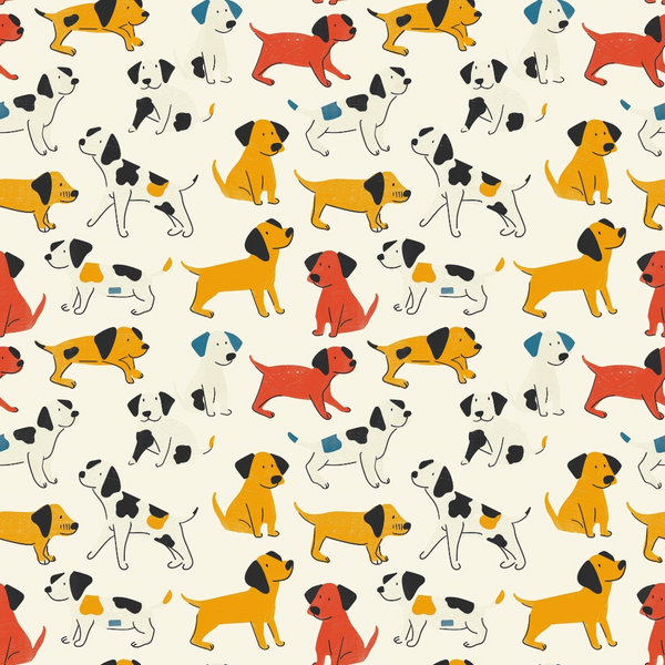 Pattern of cartoon dogs in orange, red, white with black spots, and black with white spots, on a light background.