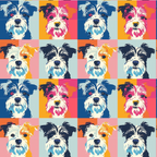 Pop art grid with multiple colorful illustrations of a terrier dog on various vibrant backgrounds.