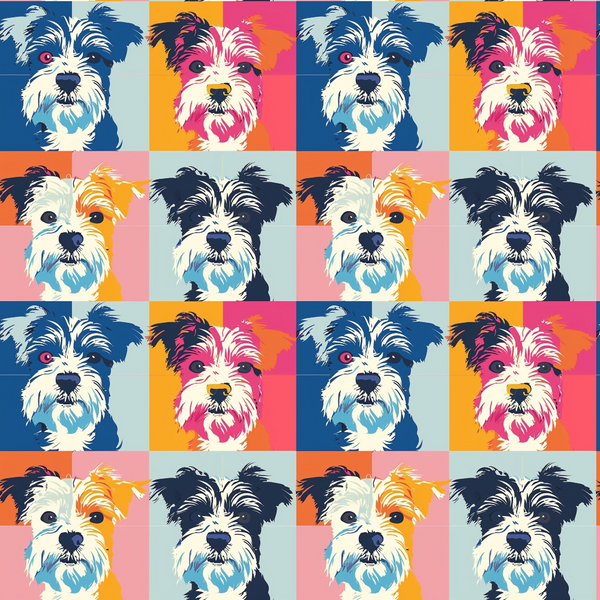 Pop art grid with multiple colorful illustrations of a terrier dog on various vibrant backgrounds.