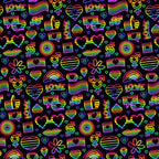 Pride Neon Outline Fabric with rainbow colors, LGBTQ+ pride symbols, hearts, flowers, thumbs up, love text, peace signs, and gender symbols on black background, quilting material, vibrant, colorful, festive, supportive, bright, pattern, cotton textile.