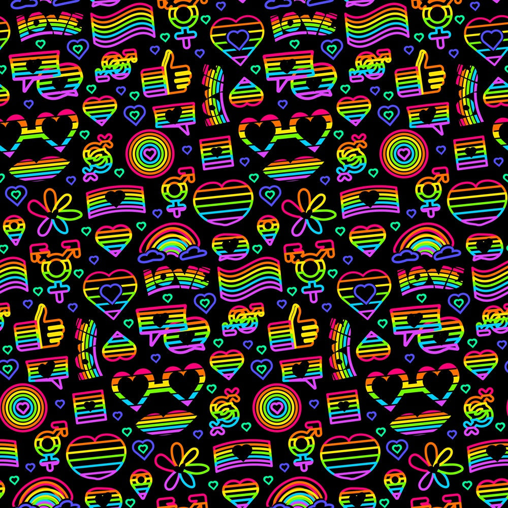 Pride Neon Outline Fabric with rainbow colors, LGBTQ+ pride symbols, hearts, flowers, thumbs up, love text, peace signs, and gender symbols on black background, quilting material, vibrant, colorful, festive, supportive, bright, pattern, cotton textile.