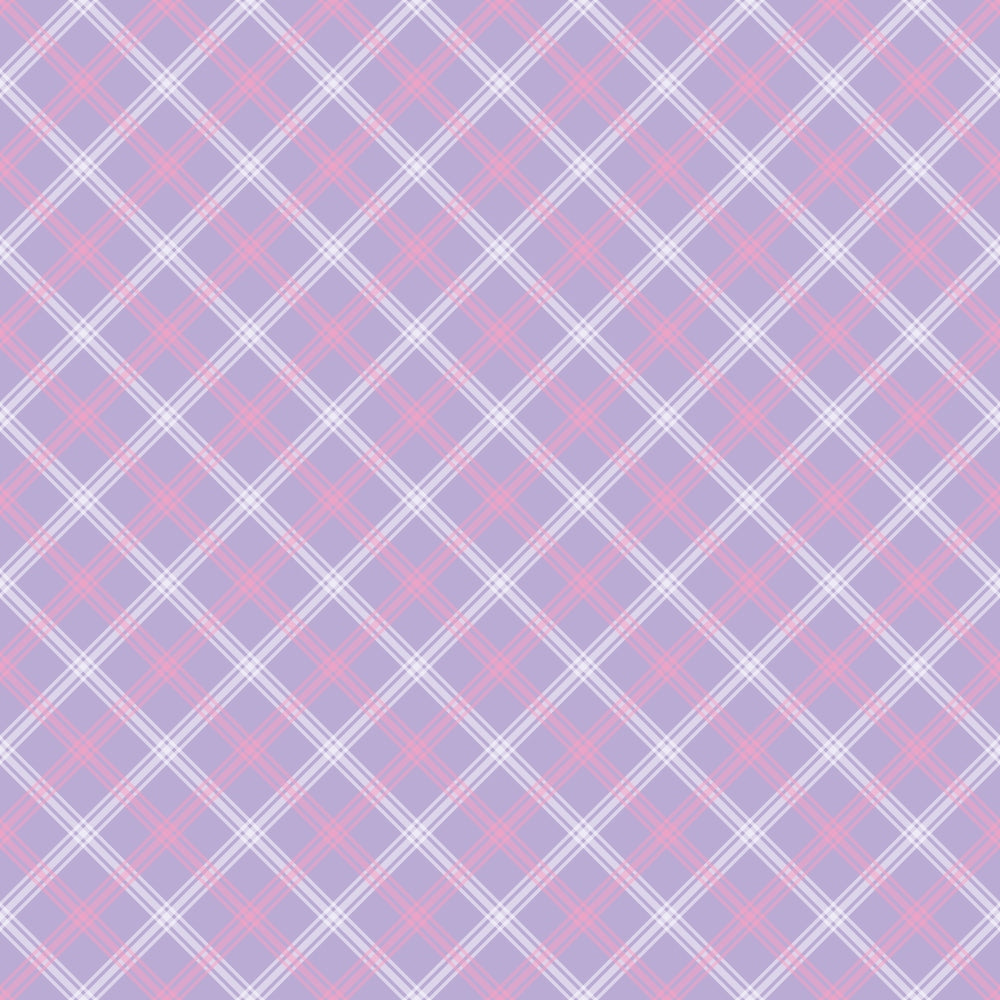 Plaid pattern with intersecting diagonal lines in pink, lavender, and white, creating a crisscross design.