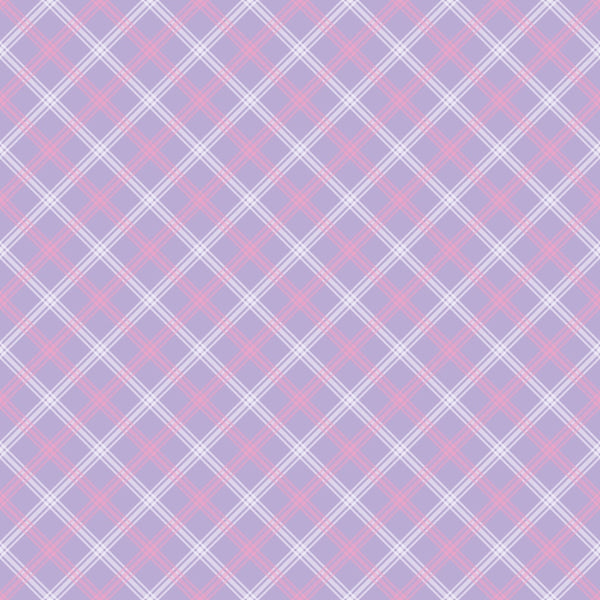 Plaid pattern with intersecting diagonal lines in pink, lavender, and white, creating a crisscross design.