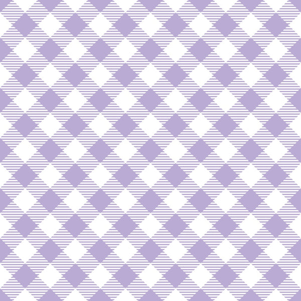 Pattern of diagonal squares in lavender and white, alternating with striped texture, creating a geometric, checkered effect.