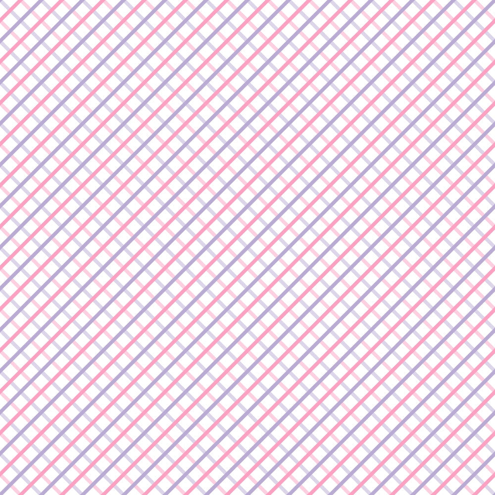 A diagonal plaid pattern with repeating pink and purple lines on a white background.