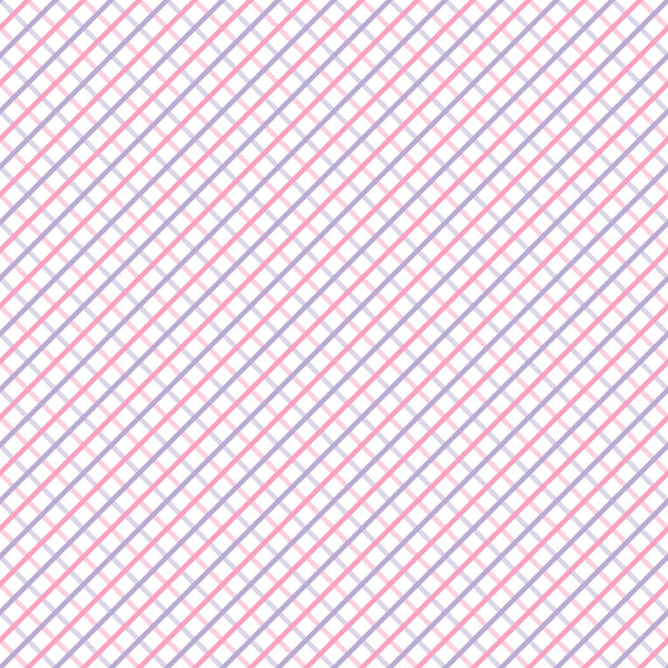 A diagonal plaid pattern with repeating pink and purple lines on a white background.