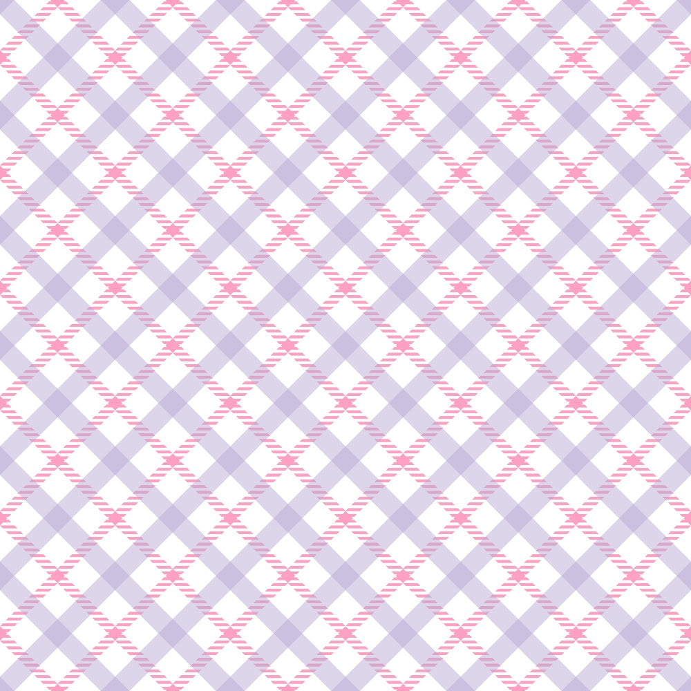 Pattern of alternating light purple and pink plaid squares on a white background.