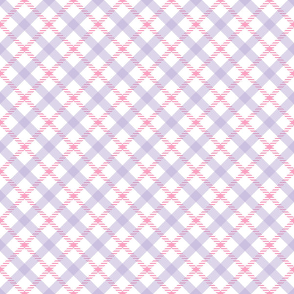 Pattern of alternating light purple and pink plaid squares on a white background.