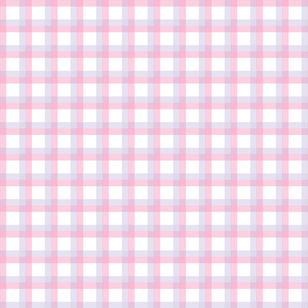 A seamless pink and white plaid pattern with thin blue lines on a blank background.