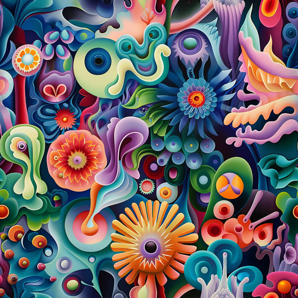 psychedelic, abstract florals, vibrant colors, teal, coral, purple, orange, gradient effects, swirling patterns, geometric flowers, eye motifs, organic shapes, flowing designs,, fabric panel, surreal art, kaleidoscope patterns, neon bright, fantasy elements, contemporary style