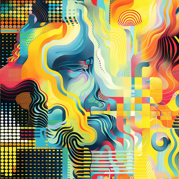 psychedelic, abstract art, swirling patterns, flowing lines, vibrant colors, yellow, orange, blue, teal, red, geometric shapes, halftone dots, wavy designs, modern art, retro style, groovy, fluid motion,, fabric panel, artistic print