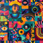 psychedelic, abstract art, geometric shapes, vibrant colors, eyes motif, circular patterns, patchwork design,, fabric panel, rainbow colors, orange, purple, teal, pink, yellow, blue, modern art style, kaleidoscope effect, mixed media appearance, artistic blocks
