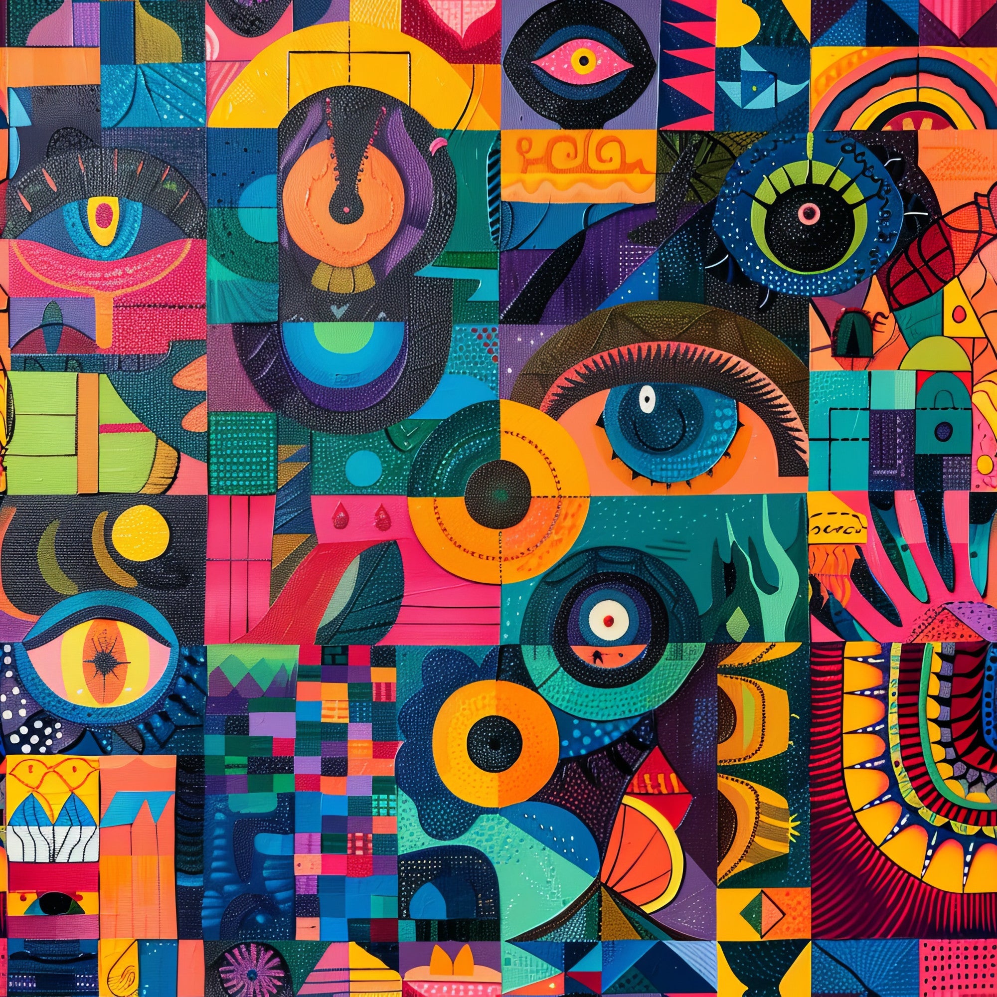 psychedelic, abstract art, geometric shapes, vibrant colors, eyes motif, circular patterns, patchwork design,, fabric panel, rainbow colors, orange, purple, teal, pink, yellow, blue, modern art style, kaleidoscope effect, mixed media appearance, artistic blocks