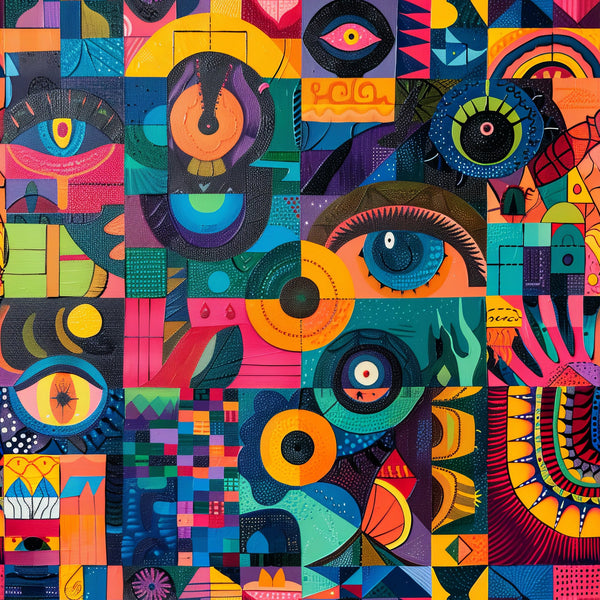 psychedelic, abstract art, geometric shapes, vibrant colors, eyes motif, circular patterns, patchwork design,, fabric panel, rainbow colors, orange, purple, teal, pink, yellow, blue, modern art style, kaleidoscope effect, mixed media appearance, artistic blocks