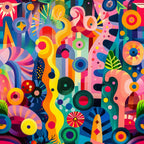 psychedelic, vibrant colors, abstract patterns, geometric shapes, circles, swirls, rainbow hues, retro style, groovy design, mod art, kaleidoscope effect, bright orange, electric blue, hot pink, lime green, yellow, purple,, fabric panel, contemporary art, optical illusion