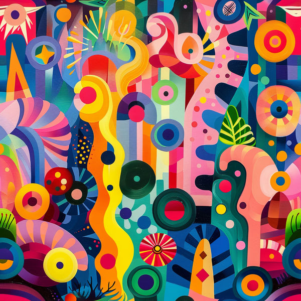 psychedelic, vibrant colors, abstract patterns, geometric shapes, circles, swirls, rainbow hues, retro style, groovy design, mod art, kaleidoscope effect, bright orange, electric blue, hot pink, lime green, yellow, purple,, fabric panel, contemporary art, optical illusion