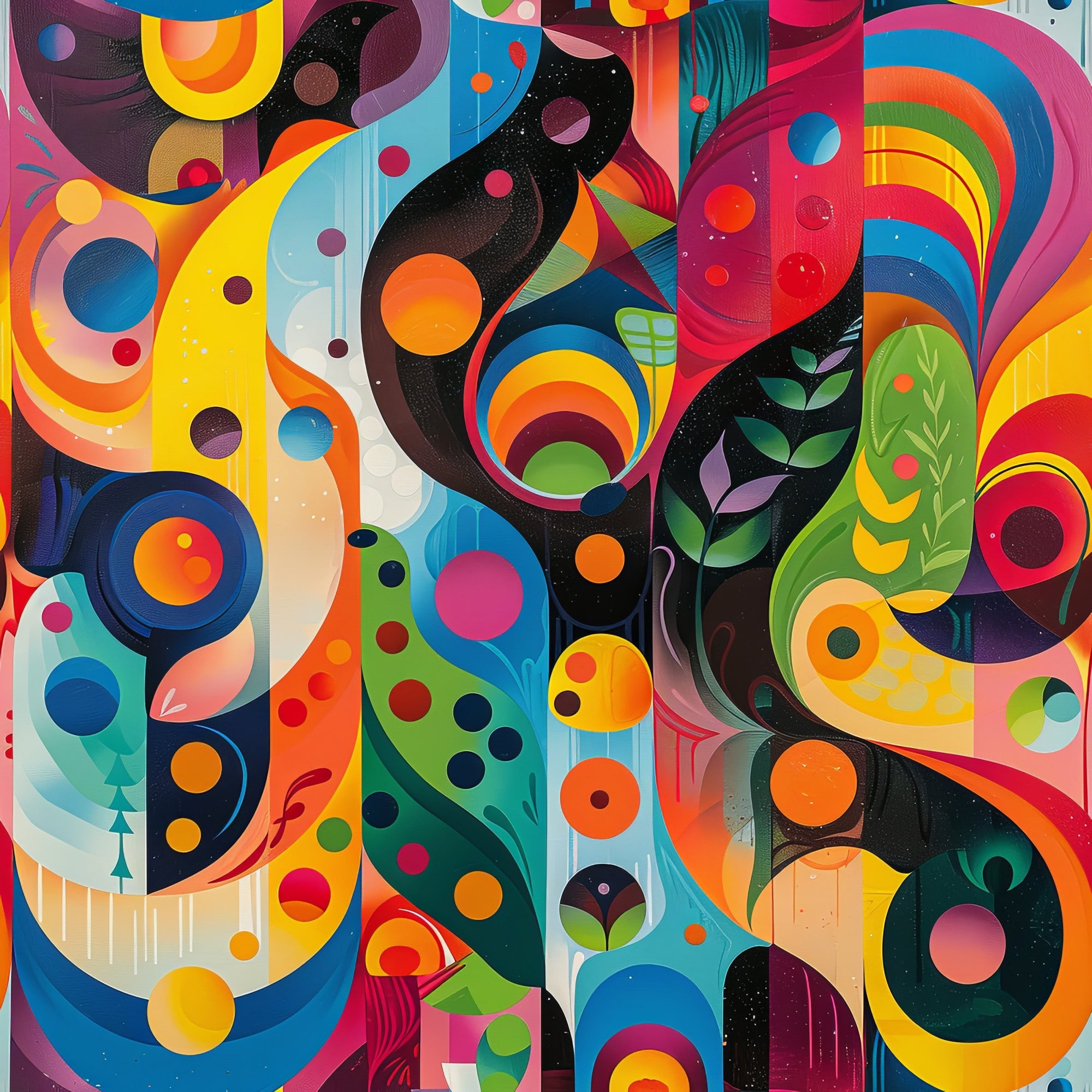 psychedelic, abstract art, vibrant colors, rainbow hues, swirling patterns, curved shapes, geometric circles, retro style, 1960s inspired, flowing designs, colorful dots, wavy lines, modern art, artistic motifs,, fabric panel, kaleidoscope effect, groovy patterns, bohemian style, multicolored design