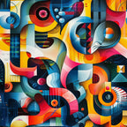 psychedelic, abstract art, geometric shapes, vibrant colors, blue, orange, yellow, red, pink, turquoise, circles, curves, swirls, modernist style, retro design, optical illusion, kaleidoscope effect,, fabric panel, contemporary art, artistic pattern, colorful composition