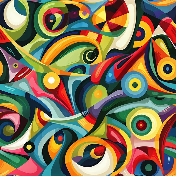psychedelic, abstract swirls, vibrant colors, orange, green, blue, red, yellow, purple, circular motifs, flowing curves, retro art, groovy pattern, eye designs, organic shapes, kaleidoscope effect,, fabric panel, contemporary art, geometric circles