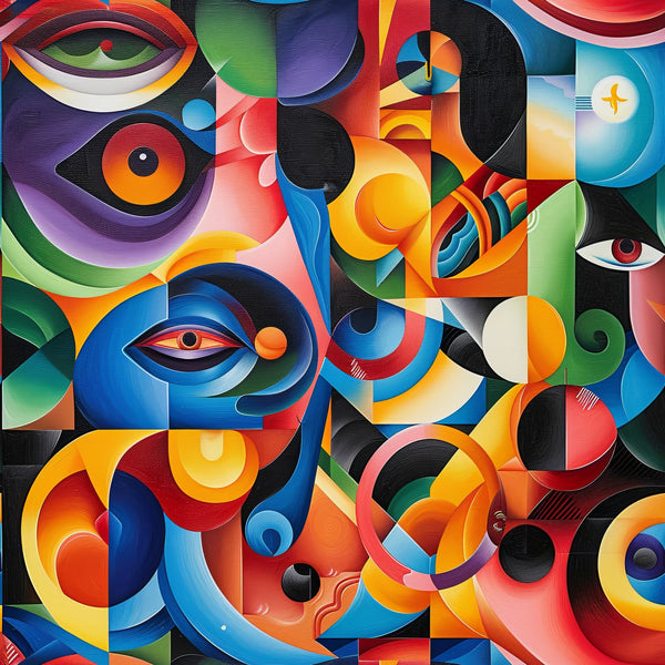 psychedelic, abstract art, geometric shapes, vibrant colors, orange, blue, purple, red, yellow, green, swirling patterns, eyes motif, cubist style, modern art,, fabric panel, artistic design, colorful circles, dynamic composition, contemporary pattern