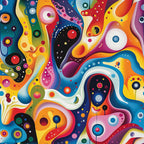 psychedelic, abstract art, vibrant colors, rainbow hues, swirling patterns, circular motifs, flowing shapes, retro style, groovy design, multicolored, orange, blue, pink, yellow, purple, red, geometric circles, organic forms,, fabric panel, mod art, kaleidoscope effect, eye patterns, bubble designs, fluid movement