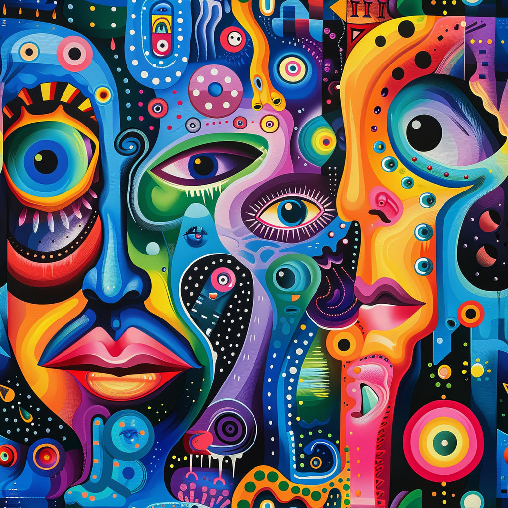 psychedelic art, abstract faces, vibrant colors, electric blue, hot pink, lime green, orange, purple, surreal eyes, geometric patterns, swirls, circles, dots, contemporary art, modern design,, fabric panel, trippy style, kaleidoscope effect, neon colors, cosmic theme