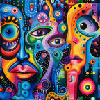 psychedelic art, abstract faces, vibrant colors, electric blue, hot pink, lime green, orange, purple, surreal eyes, geometric patterns, swirls, circles, dots, contemporary art, modern design,, fabric panel, trippy style, kaleidoscope effect, neon colors, cosmic theme