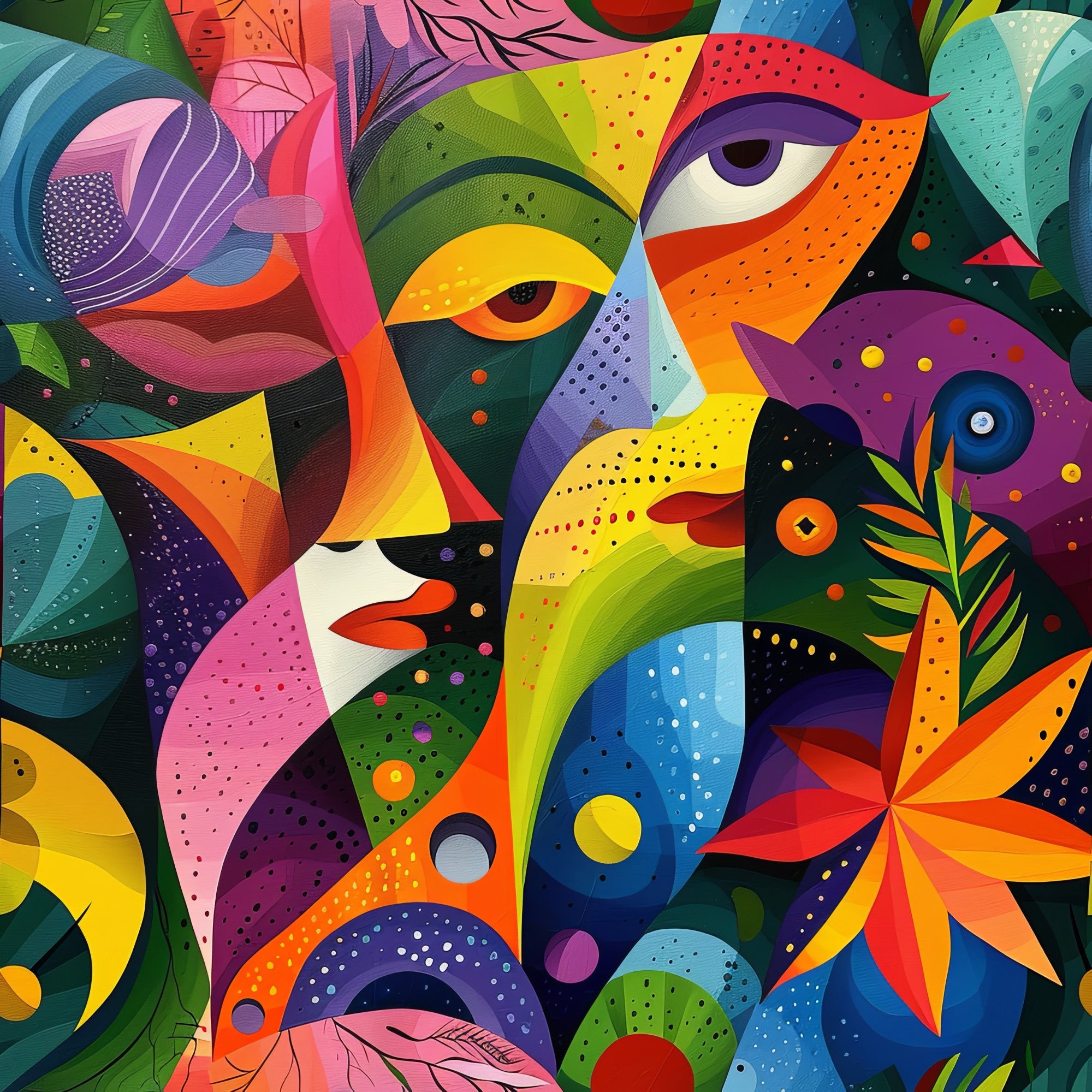 psychedelic, abstract faces, vibrant colors, rainbow hues, geometric shapes, surreal art, modern art, colorful patterns, artistic design,, fabric panel, contemporary style, kaleidoscope effect, bright pink, electric blue, lime green, orange, purple, yellow, abstract portraits, dotted patterns, swirling designs, tropical elements, eye motifs, floral accents