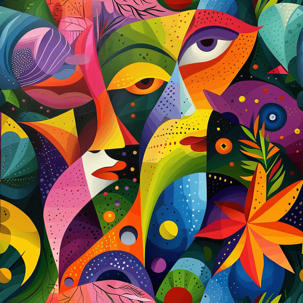 psychedelic, abstract faces, vibrant colors, rainbow hues, geometric shapes, surreal art, modern art, colorful patterns, artistic design,, fabric panel, contemporary style, kaleidoscope effect, bright pink, electric blue, lime green, orange, purple, yellow, abstract portraits, dotted patterns, swirling designs, tropical elements, eye motifs, floral accents