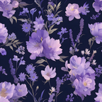 Pattern of purple and pink flowers with green leaves on a dark background.
