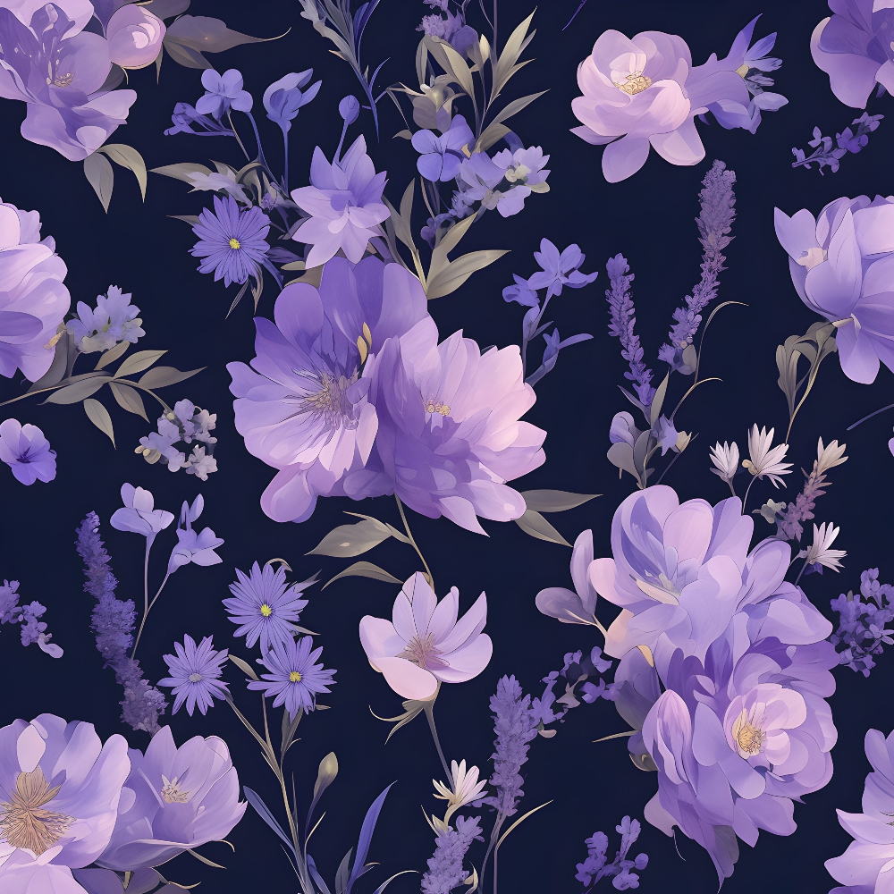 Pattern of purple and pink flowers with green leaves on a dark background.