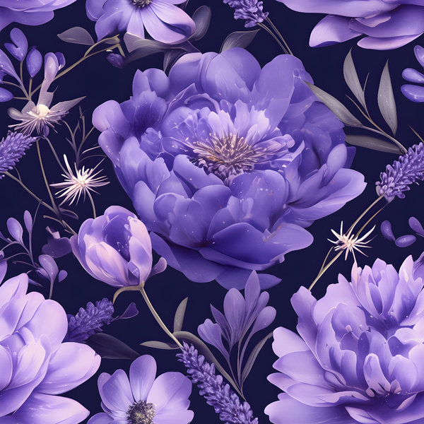 A pattern of various purple flowers with dark green leaves on a deep blue background.
