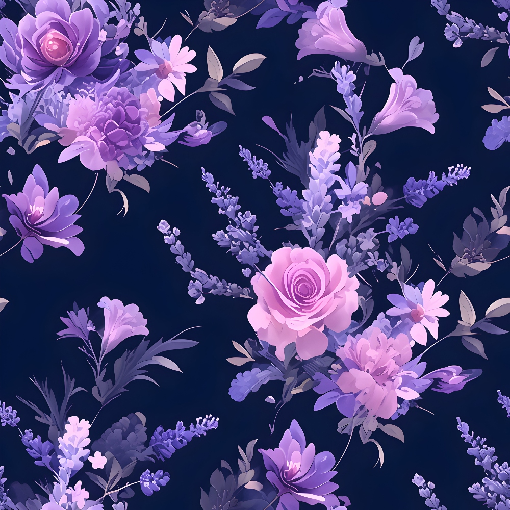 Illustration of various purple and pink flowers and leaves on a dark background, featuring roses, lavender, and peonies arranged in a seamless pattern.