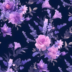 Illustration of various purple and pink flowers and leaves on a dark background, featuring roses, lavender, and peonies arranged in a seamless pattern.