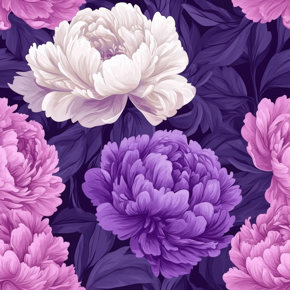 A pattern of large purple, pink, and white peonies with dark green leaves on a dark background.