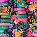 Blooming Library Pattern 10 minky fabric with colorful books, vivid flowers and leafy sprigs on a deep navy background