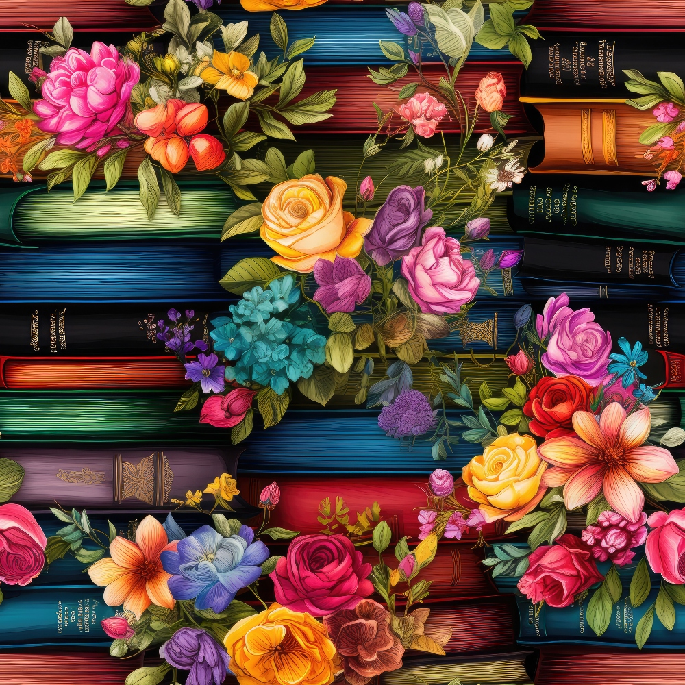 Colorful flowers arranged over stacked books with multicolored covers.