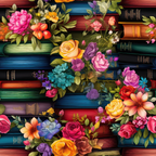 Colorful flowers arranged over stacked books with multicolored covers.