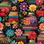 Stacks of colorful books surrounded by various vibrant flowers and green leaves on a dark background.