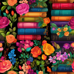 Colorful books and vibrant flowers arranged on a black background.