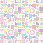 Colorful geometric pattern with squares, circles, hearts, and flowers in pastel shades of blue, pink, yellow, and green.