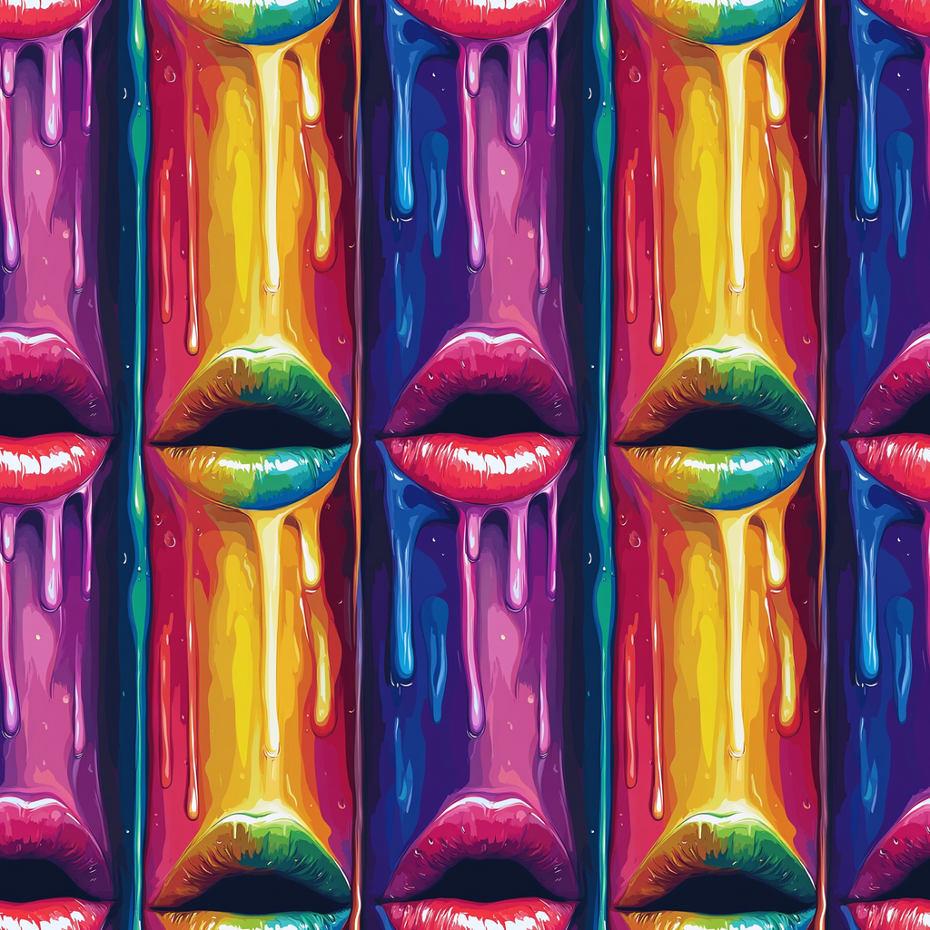 Pattern of colorful lips and dripping paint in vibrant rainbow shades, arranged in a tiled fashion.