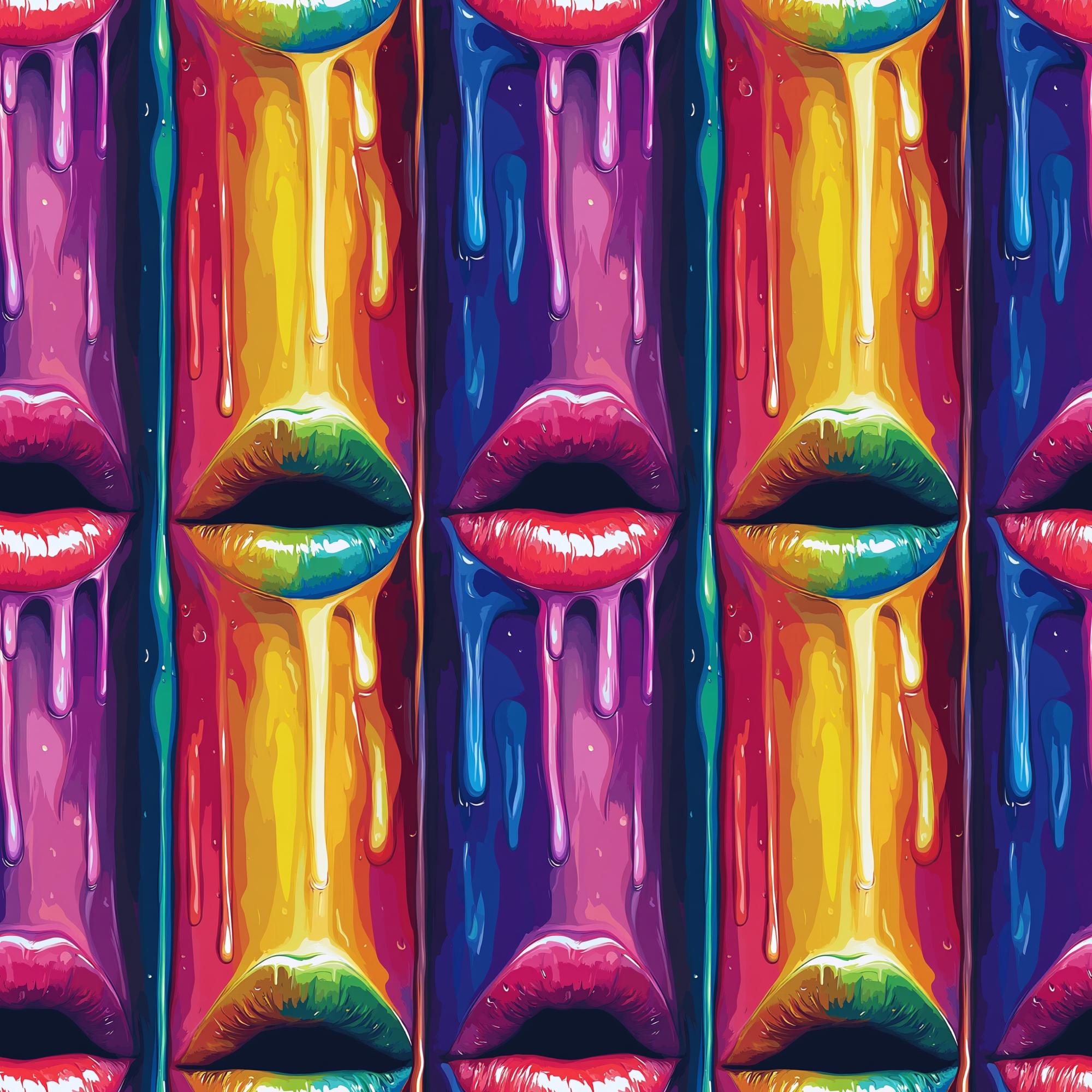 Pattern of colorful lips and dripping paint in vibrant rainbow shades, arranged in a tiled fashion.