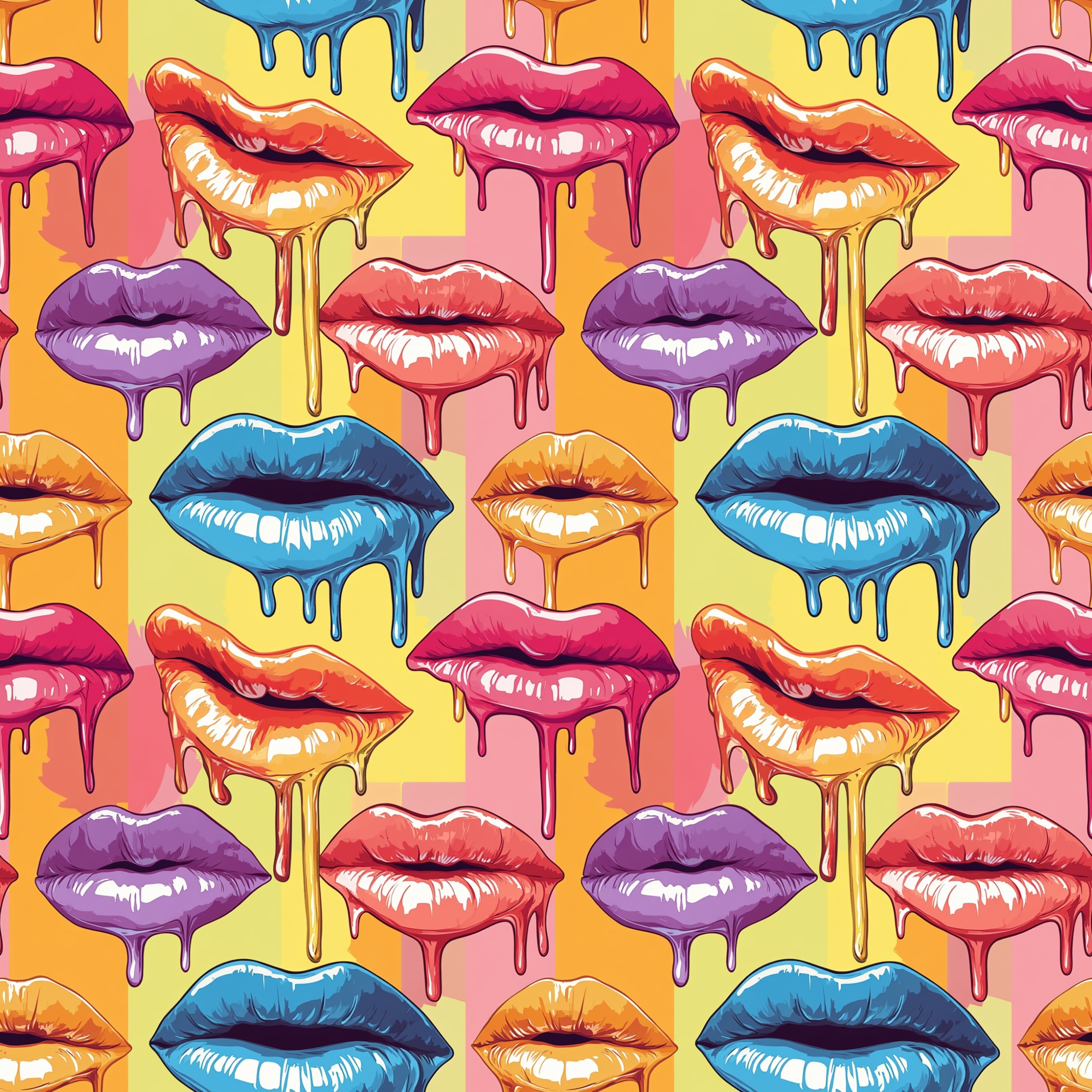 Seamless pattern of colorful dripping lips, including pink, blue, orange, and red, on a multicolored background.