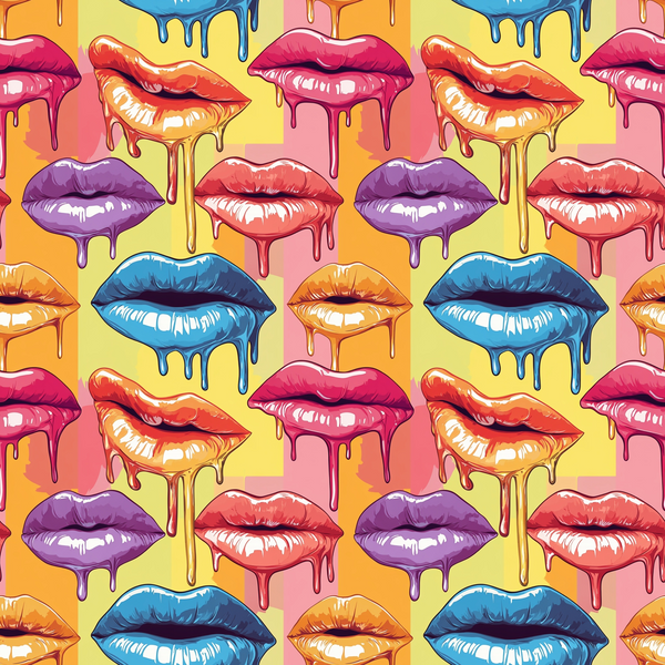 Seamless pattern of colorful dripping lips, including pink, blue, orange, and red, on a multicolored background.