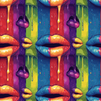Colorful digital art depicting lips with multicolored dripping paint on a vibrant striped background, repeated in a seamless pattern.