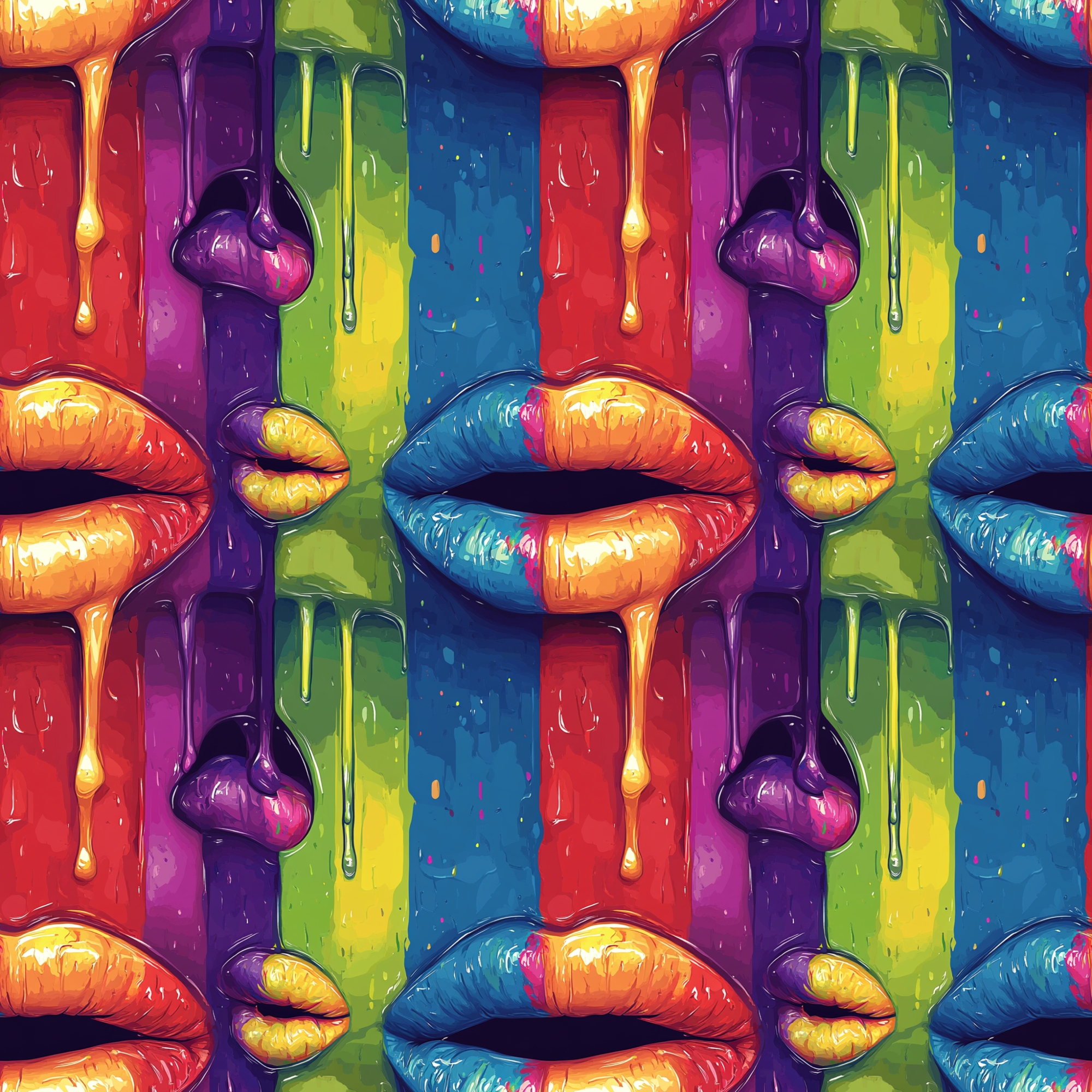Colorful digital art depicting lips with multicolored dripping paint on a vibrant striped background, repeated in a seamless pattern.